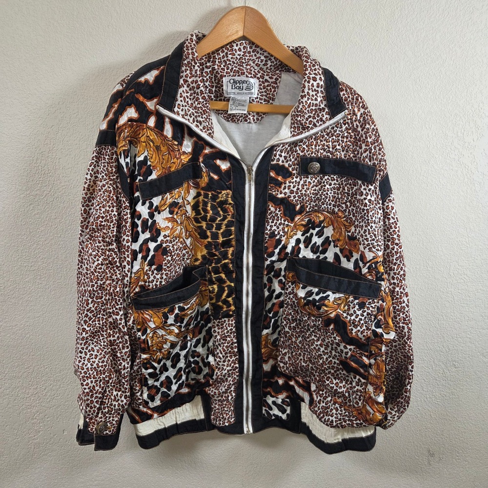 Clipper Bay Vintage 90s Animal Print Baroque Bomber Jacket Mixed Leopard Large